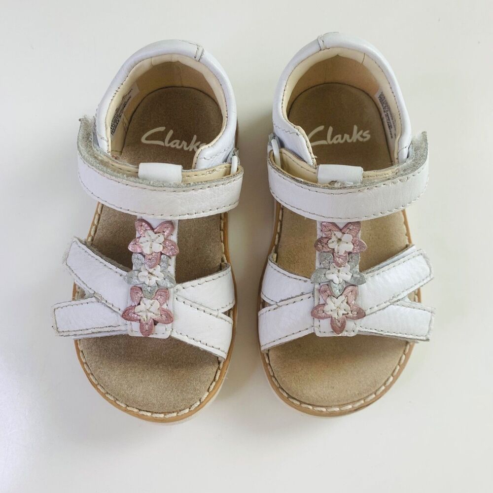 Girls Clarks Open Toe Casual Hook & Loop Leather Summer Sandals Crown Flower